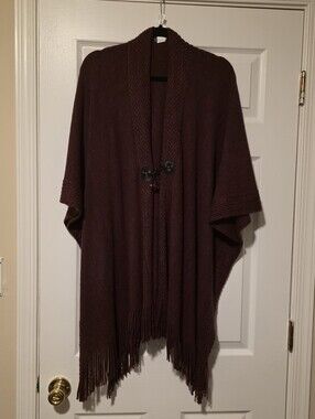 Women's Maroon Fringe Shawl Cardigan Sweater